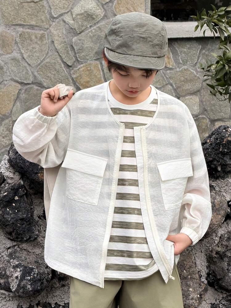 Tween Boy Solid Color Long Sleeve Zip Front Utility Pocket Casual Jacket