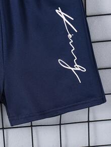 SHEIN Set de 2 piezas: Camiseta de manga corta de cuello redondo + Pantalones cortos, estilo callejero para niños pequeños, para verano, escapadas, vacaciones, viajes, relajación, tomar el sol - Azul - Ver 4
