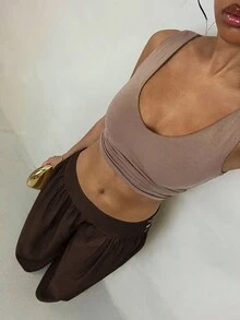 Glamine 复古低腰阔腿裤，飘逸显瘦休闲女长裤，秋季返校季棕色阔腿裤，夏季阔腿裤，棕色长款阔腿裤，沙滩度假，夏季阔腿裤，棕色长裙长裤 - 咖啡棕 - 查看 6