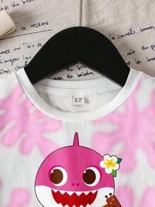 BABY SHARK X SHEIN 女童极简印花圆领短袖T恤 - 白色 - 查看 3