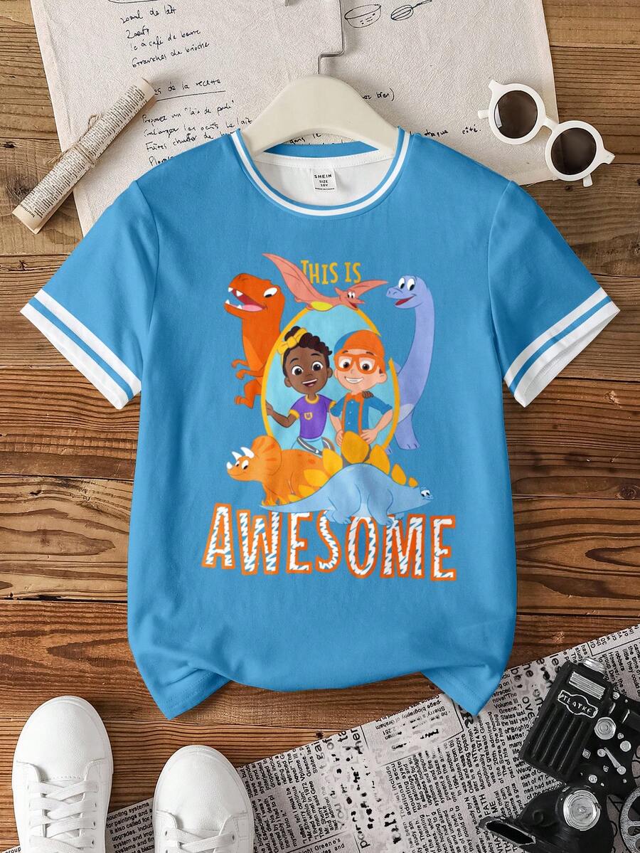 Blippi X SHEIN 男童极简印花圆领短袖T恤 - 白色 - 查看 1