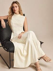 BizChic Spring/Summer New White Mandarin Collar Sleeveless Off-Shoulder Side Invisible Zipper Slit Dress, Versatile Layering, Elegant Carnival Party Wear - Apricot - View 3