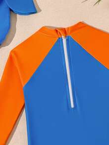 Baby Boys Swimwear, Cute Casual Vacation Blue Dinosaur Knit Fabric One-Piece Swimsuit With Hat, Fashionable Elegant Suitable For Swimming, Summer Vacation, Beach, Pool, Holiday Party - Orange - View 6