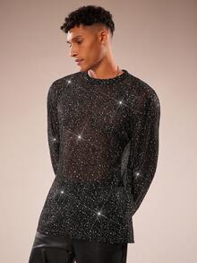 FeverCity 男士时尚性感闪亮透视长袖T恤 - 黑色 - 查看 3