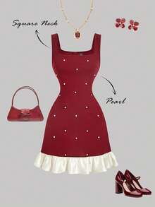 SHEIN MOD 女士优雅情人节约会迷你连衣裙，饰有仿珍珠，撞色荷叶边下摆，收腰设计 - 紅色 - 查看 1