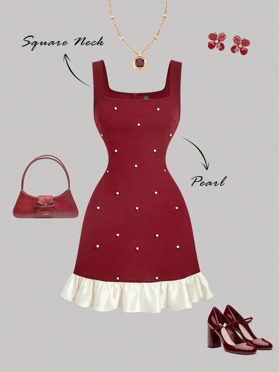 SHEIN MOD 女士优雅情人节约会迷你连衣裙，饰有仿珍珠，撞色荷叶边下摆，收腰设计 - 紅色 - 查看 1