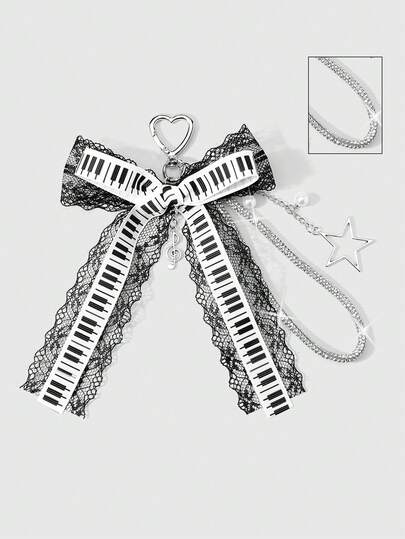 1款全新Y2K时尚复古个性化精致暗黑哥特风黑白钢琴键织带蝴蝶结音符吊坠，仿珍珠星星亮面软陶水钻挂绳腕带装饰DIY钥匙扣配件包包吊坠，适合女孩和女士日常佩戴，节日礼物