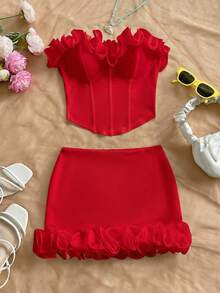 Soleia 女士性感浪漫无肩带荷叶边修身上衣和低腰荷叶边迷你裙两件套，适合晚宴、节日、圣诞节、约会之夜、夜店、波西米亚风、度假、秋季等场合。 - 紅色 - 查看 4