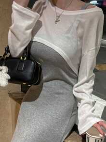 DAZY Women's Loose Drop Shoulder Cropped Sheer Top, Spring/Summer - White - View 4