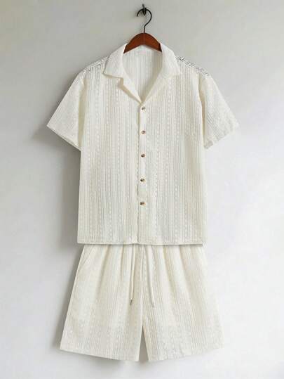 TOKVUE 2 件套男士纯色纽扣镂空衬衫和短裤套装，度假纯色丈夫休闲装，适合度假、海边沙滩、日常休闲、夏季男士度假装男士 2 件套夏季舒适装