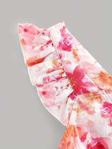 少女夏季粉色碎花泡泡袖露背蝴蝶结腰带休闲连衣裙，时尚百搭，适合派对、郊游、姐妹合照、公园、露营、度假、日常休闲、舞会等场合。 - 粉色 - 查看 4