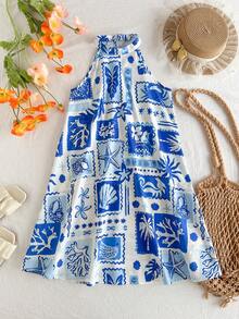 Travachic KIDS Tween Girls' Summer Vacation Casual Floral Print Sleeveless Dress - Blue - View 2