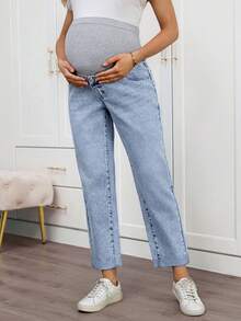 SHEIN Maternity Casual Light Blue High Waist Versatile Daily Jeans - Blue - View 3