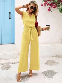 Vivid Eden Bộ áo liền quần dài cổ chữ V viền hoa cho nữ, áo liền quần mùa hè đi nghỉ mát, áo liền quần màu vàng cho nữ, áo liền quần đi nghỉ mát cho nữ, trang phục mùa hè, áo liền quần ngày Valentine, trang phục đi biển cho nữ, trang phục đi nghỉ mát cho nữ - Màu vàng - Xem 6
