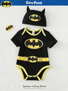 BATMAN X Cozy Pixies 2pcs Baby Boy Bat Pattern Knitted Soft Round Neck Short Sleeve Romper & Hat Set - Black - View 6