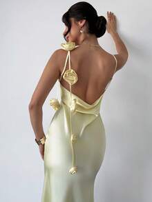 Firerie 女士优雅简约精致浪漫性感端庄宴会假日派对约会婚礼宾客生日派对度假深V露背3D印花奶油黄连衣裙 - 淡黃色 - 查看 10