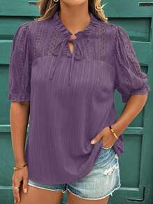 Reflora Plus Size Women Summer Lace Patchwork Loose Short Sleeve Blouse - Dusty Purple - View 3