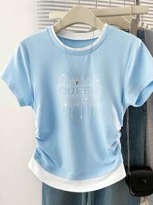 Resyla Women's Casual 2 In 1 Short Sleeve Ruched T-Shirt, Summer - Baby Blue - View 1