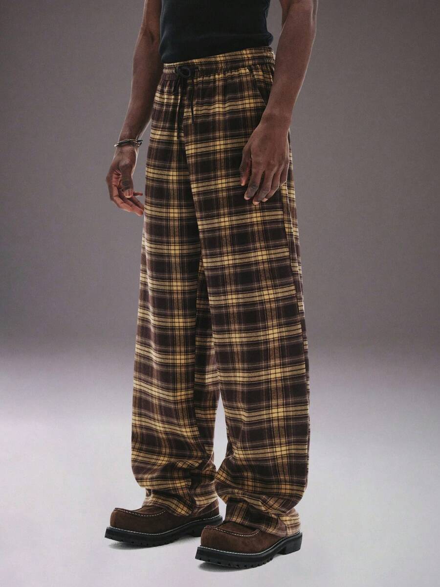 STYNVO Herren karierte Hose mit Kordelzug in der Taille, Herren karierte Hose, Herren weite Hose, Herren locker sitzende Hose, Herren Oversized Hose - Gelb - Übersicht 1