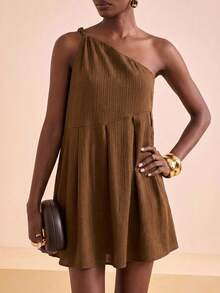 Zivah Women's Vacation Sleeveless Pleated Loose Fashion Mini Dress - Coffee - View 4