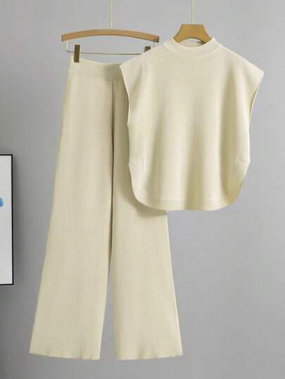 EMERY ROSE 2026 Plus Size Women's Fashion Casual Minimalist Versatile Round Neck Sweater Set For Everyday Wear