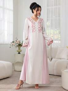 Al Najma V领刺绣花卉蕾丝拼接撞色长袖喇叭裙摆时尚优雅派对花卉连衣裙 - 彩色 - 查看 10