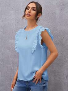SHEIN Clasi Women's Keyhole Back Ruffle Armhole Spring Top,Summer Top - Baby Blue - View 4
