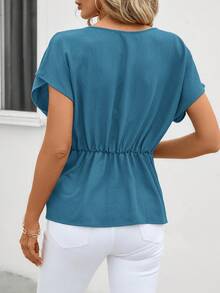 SHEIN Clasi 扭纹不对称下摆优雅短袖女式衬衫 - 水鴨藍 - 查看 2