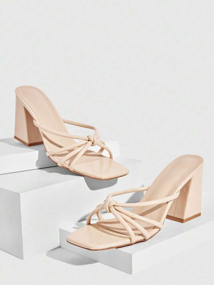 CUCCOO SZL Apricot Strap Criss-Cross Design Pointed Toe Chunky Heel Sandals, Fashionable For Commuting Prom Heels