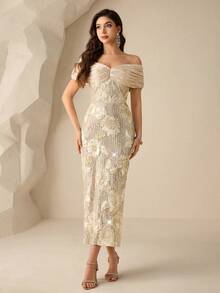 Coutiva 优雅的花卉亮片露肩露背直筒下摆正式晚礼服，适合生日派对、毕业典礼、婚礼宾客和返校派对。 - 杏色 - 查看 4