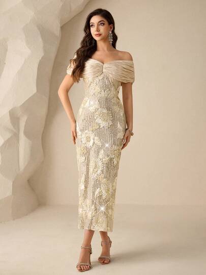 Coutiva Elegant Floral Sequined Off-The-Shoulder, Backless, Straight-Hem Formal Evening Gown, Suitable For Birthday Parties, Graduation Ceremonies, Wedding Guests, And Back-To-School Parties.