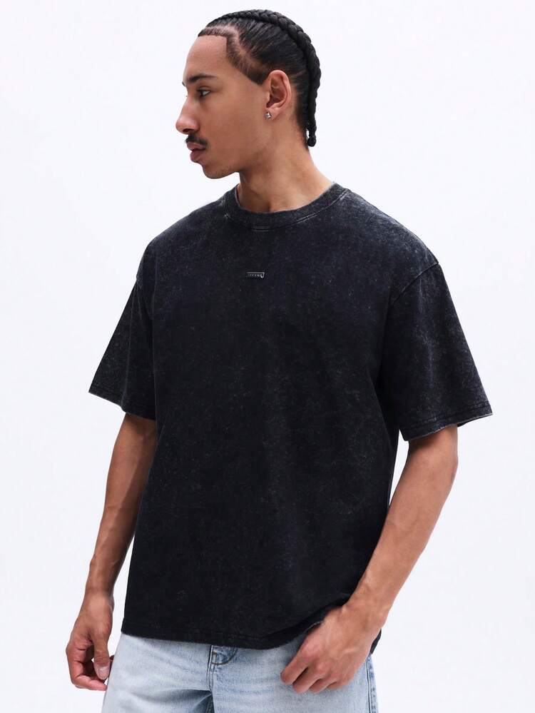 Vintage Washed Crew Neck Tee With Back Text Print