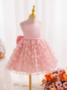 SHEIN Glamorique Kids Girls' White Bow Waist Embroidered V-Back Elegant Party Dress, Suitable For All Seasons - Pink - View 7
