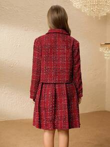 Tween Girl Autumn Simple Solid Color T-Shirt, Single-Breasted Jacket And Pleated Skirt 3-Piece Set - Burgundy - View 2