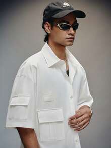 PAVTROS Men's Loose Fit White Utility Short Sleeve Shirt With Multiple Pockets - White - View 6