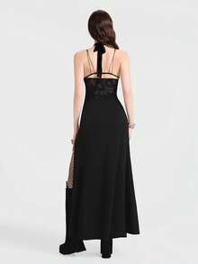 Breakform Áo croptop nữ phong cách Gothic gợi cảm, chất liệu lưới nhung, họa tiết da rắn, hở lưng, cổ chữ V sâu, thắt dây cổ, trang trí kim loại hình da rắn. - màu đen - Xem 2