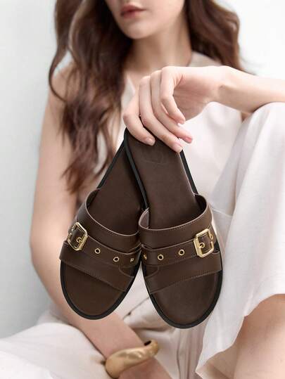 CUCCOO BIZCHIC 春夏新款户外女士平底拖鞋，圆头金属扣装饰棕色凉鞋，女士厚底防滑休闲百搭沙滩拖鞋