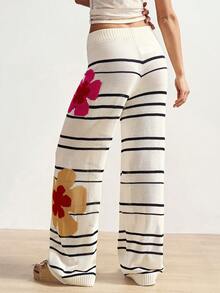 Bohemela 女士条纹休闲针织宽松直筒裤毛衣 - 黑色 - 查看 7