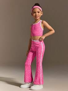 SHEIN 女童粉色豹纹背心和裤子套装，高弹面料 - 粉色 - 查看 7