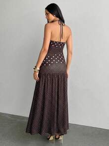 Aloruh Women's Retro Polka Dot Backless Belted Maxi Dress, Women's Beach Vacation Dress, Casual Polka Dot Print Dress, Women's Vacation Outfit, Holiday Wear, Casual Maxi Dress, Vacation Dress - Brown - View 2