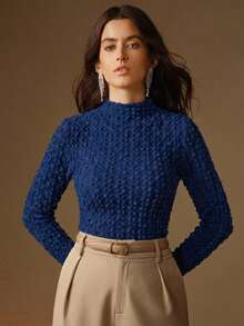 Anewsta Kemeja Dalam Leher Tinggi Berenda Elegan untuk Wanita, Atasan Lapisan Musim Gugur/Dingin Berkualitas Tinggi - Navy Blue - View 7