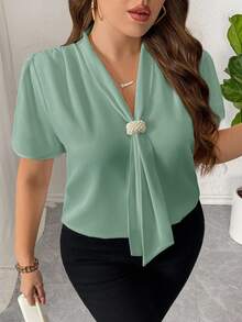 Firerie Plus Size Solid Color Ribbon Collar Short Sleeve Casual Minimalist Shirt - Mint Green - View 7