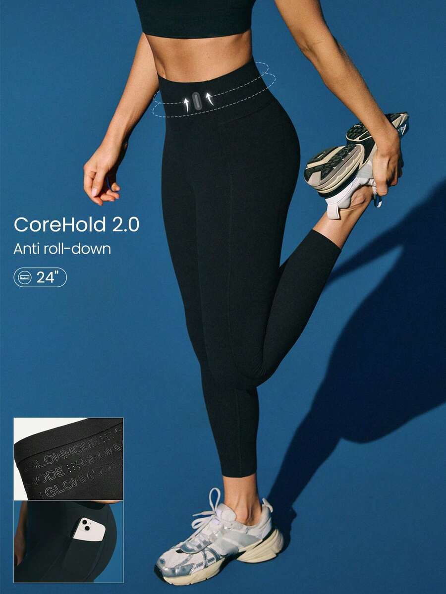 GLOWMODE 24" FeatherFit™-Sculpt Sweat-O-Clock Compressive Anti-Roll Tummy Control No Front Seam Side Pockets Leggings Low Impact Training Running Workout Gym - Black - View 1