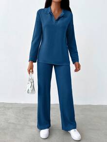 EURMUSE Solid Drop Shoulder Tee & Pants - Blue - View 4