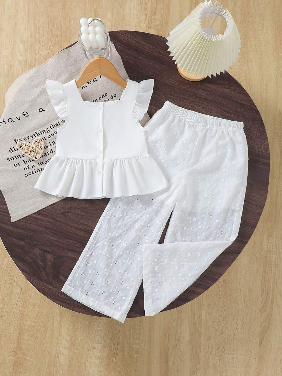 SHEIN 女童荷叶边袖上衣和阔腿裤两件套，适合夏季家庭聚会、轻装旅行、日常外出、儿童/青少年度假休闲时尚套装，白色夏季套装 - 白色 - 查看 1