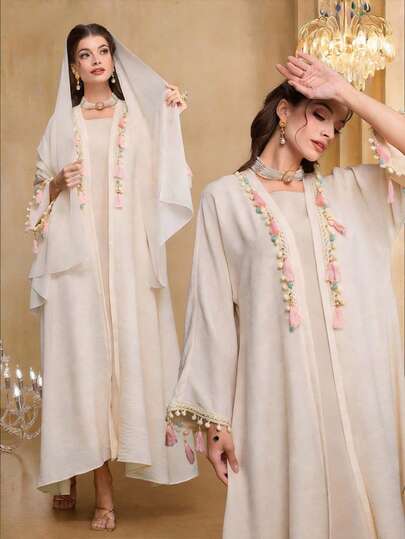 Al Najma Apricot & Pink Floral Trim Arabic Abaya With Headscarf