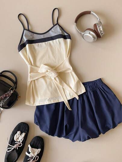 Muvela New Spring/Summer Beige Color Block Adjustable Spaghetti Strap Waist Tie Camisole Top, Vintage Collegiate Sweet Versatile Wear Alone Or Layer, Suitable For Multiple Summer Occasions