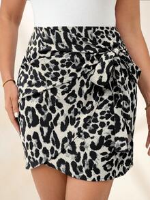 SHEIN Clasi Plus Size Elegant Leopard Print Wrap-Around Skirt, Women Autumn Clothing - Black and White - View 5
