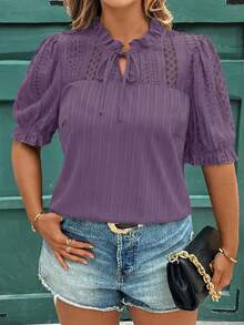 Reflora Plus Size Women Summer Lace Patchwork Loose Short Sleeve Blouse - Dusty Purple - View 1