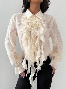 Firerie 女士优雅精致浪漫复古宫廷风荷叶边提花纹理纽扣喇叭袖杏色衬衫，适合秋季和春季穿着 - 杏色 - 查看 4